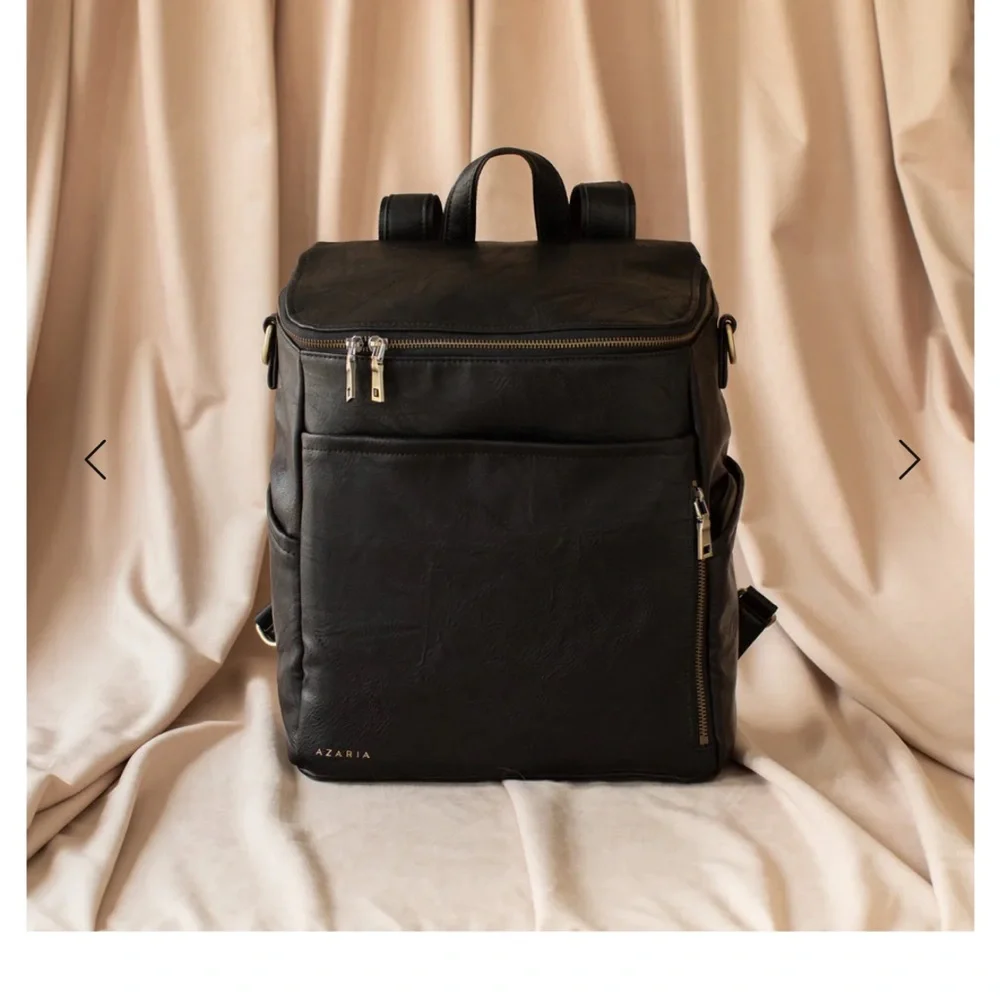 Vegan black leather diaper bag & leopard pouch